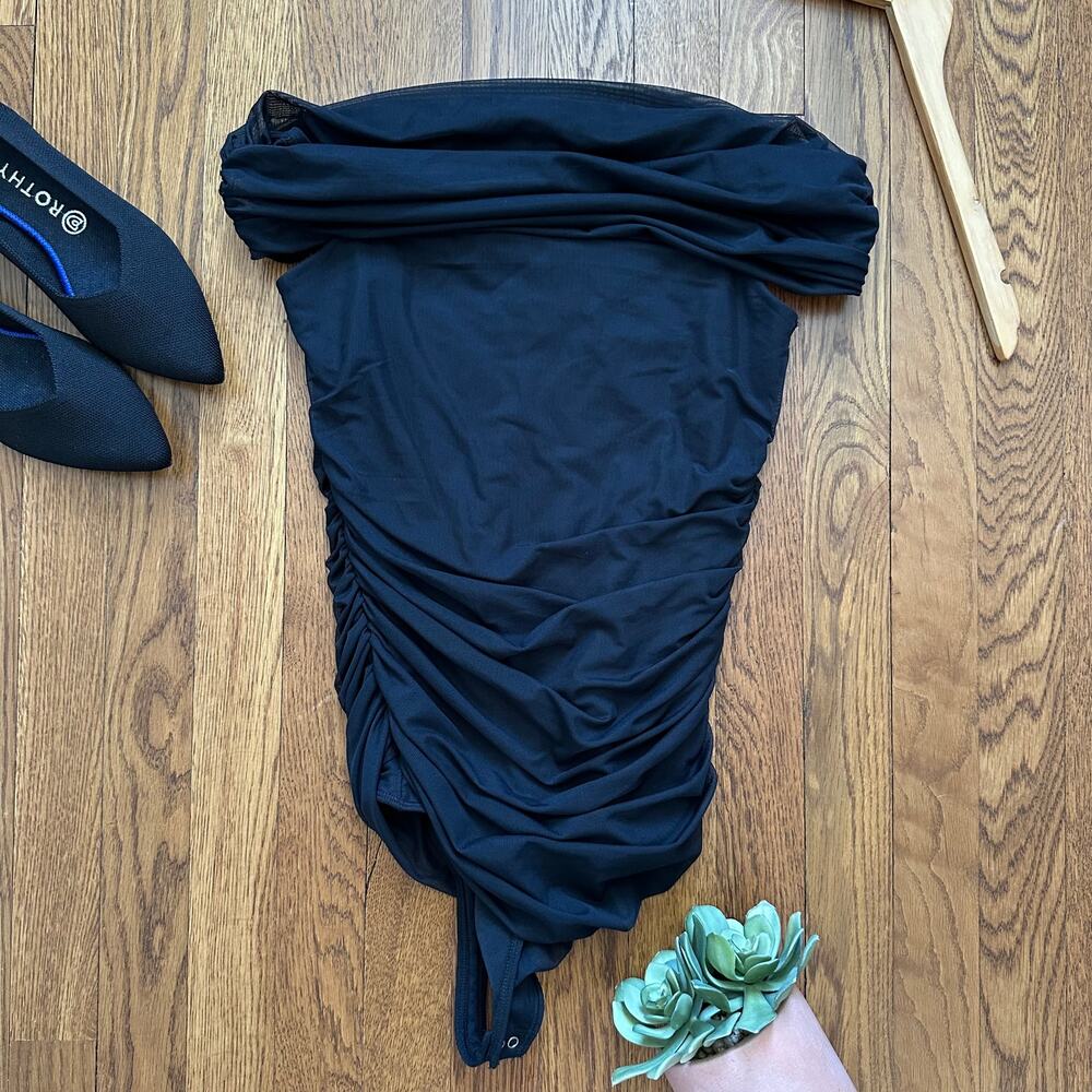 Abercrombie & Fitch Black Mesh Ruched Off the Shoulder Bodysuit